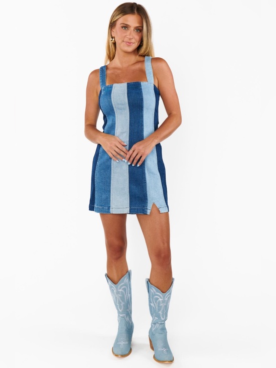 Show Me Your MuMu Dresses & Skirts - Show Me Your MuMu Striped Denim Patchwork Mini Dress in Light & Dark Blue